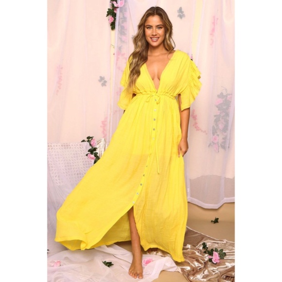 Dresses & Skirts - SOLD OUT Yellow Gauze Boho Button Short Slv Woven Gathered Maxi Coverup Dress